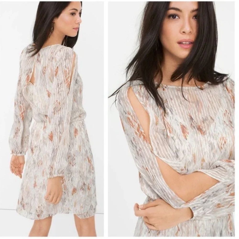 White House Black Market white & rose gold metallic print open back dress size 2